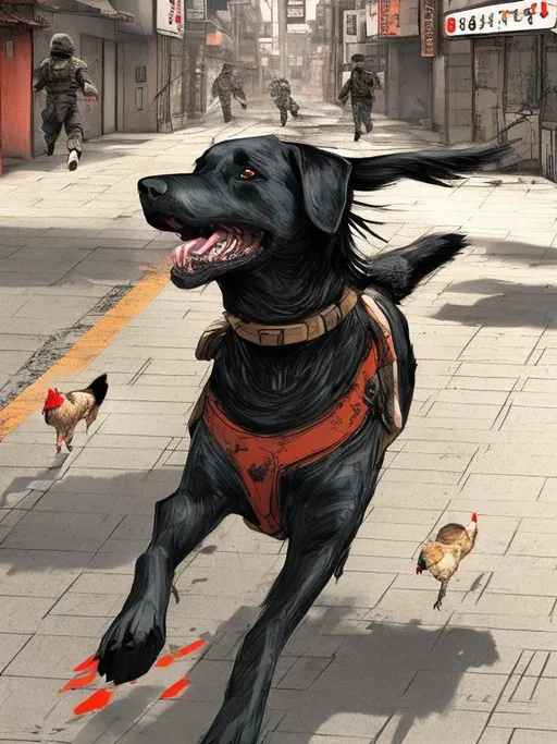 Prompt: a black dog wearing soldier clothes chasing a chicken in the streets in japan, sketch, detailed background, highres, fun atmosphere, natural lighting, pastel colors, abstract, fun