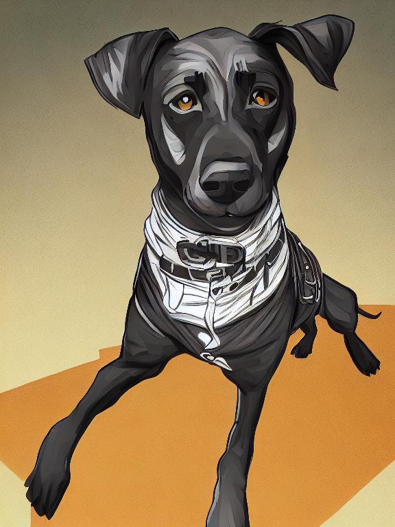 Prompt: mountain cur black dog in clothes gangster abstract art