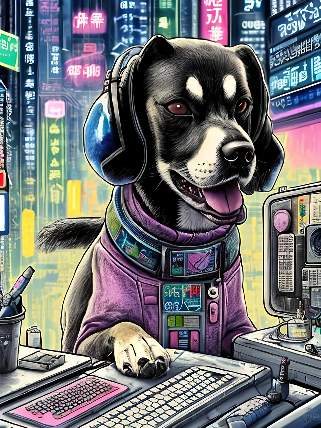 Prompt: pop art chalk pastel art of a detailed dog hacking a computer on the subway train in cyberpunk japan with planes in the background, sketch, detailed background, highres, fun atmosphere, natural lighting,  abstract, fun