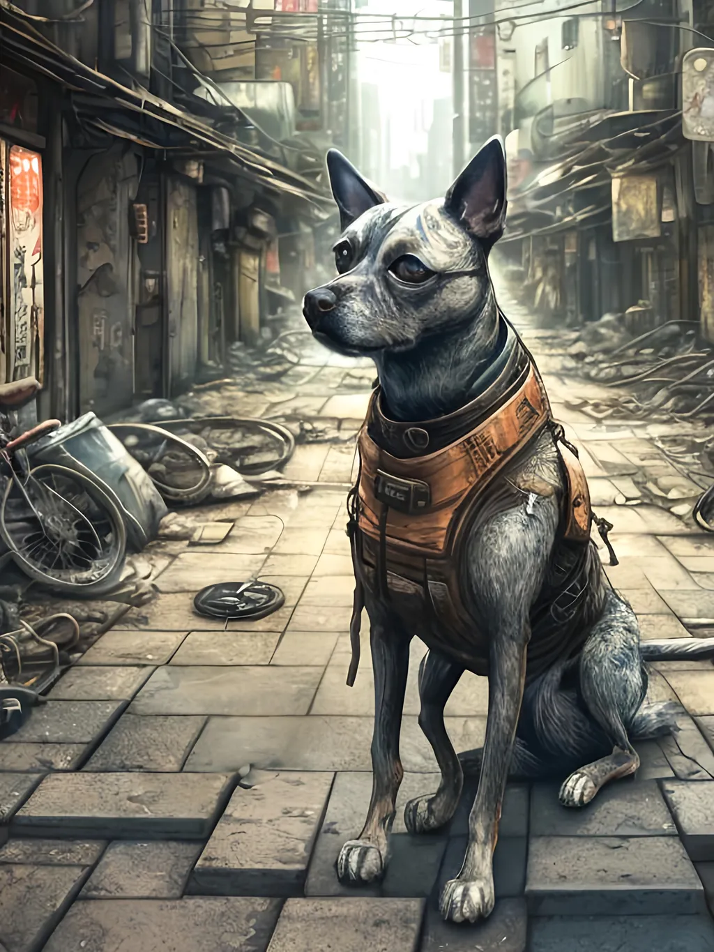 Prompt: chalk pastel style of a detailed dog in the streets in post-apocalyptic japan during a festival, sketch, detailed background, highres, fun atmosphere, natural lighting,  abstract, fun