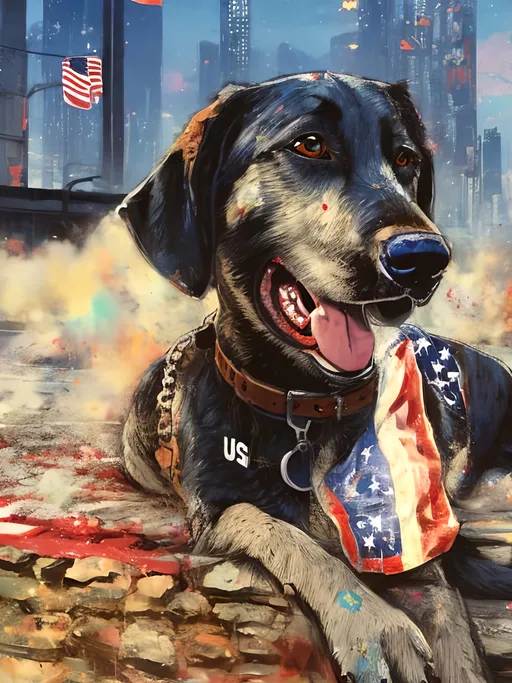 Prompt: a detailed mountain cur black dog wearing usa clothes at a city rally in cyberpunk japan, pop art chalk pastel, detailed background, high res, fun