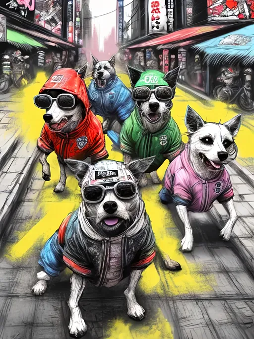 Prompt: pop art chalk pastel art of detailed dogs wearing gangster clothes playing in the streets in cyberpunk japan during a festival, sketch, detailed background, highres, fun atmosphere, natural lighting,  abstract, fun