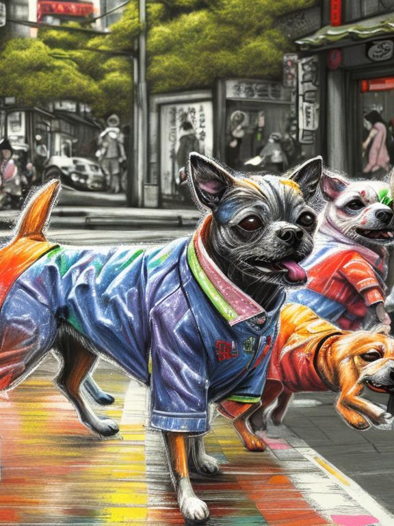 Prompt: pop art chalk pastel art of detailed dogs wearing clothes playing in the streets in japan during a festival, sketch, detailed background, highres, fun atmosphere, natural lighting,  abstract, fun