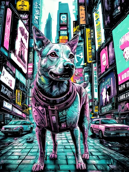 Prompt: pop art chalk pastel style of a  detailed dog in cyberpunk times square, sketch, detailed background, highres, fun atmosphere, natural lighting,  abstract, fun
