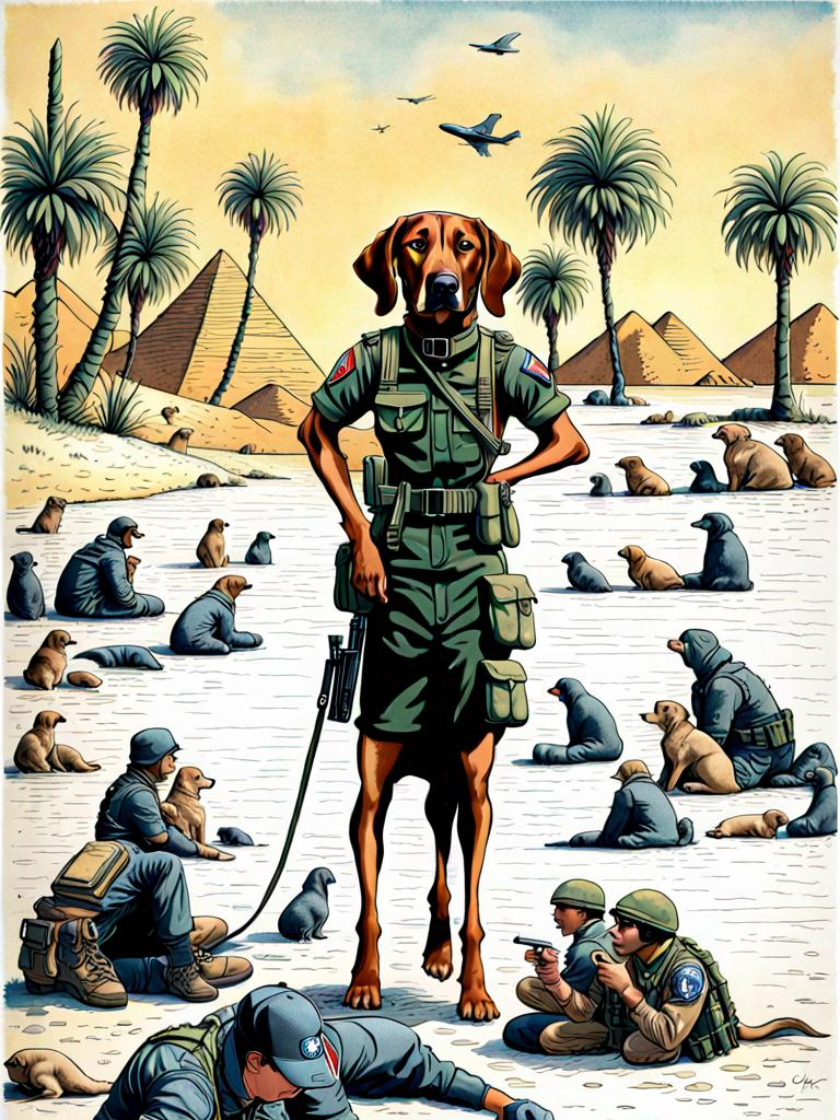 Prompt: black mountain cur dog in military gear in egypt 90s poster