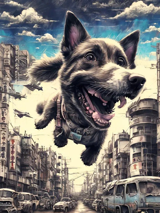 Prompt: Detailed happy dog flying in post-apocalyptic japan during a festival, sketch, chalk pastel, detailed planes in the background, grunge, highres, abstract, natural lighting, lively atmosphere, fun, detailed dogs, vibrant, happy-go-lucky