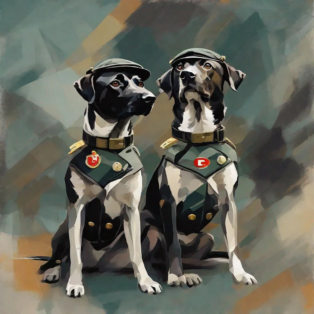 Prompt: mountain cur black dogs in pilot uniform abstract art