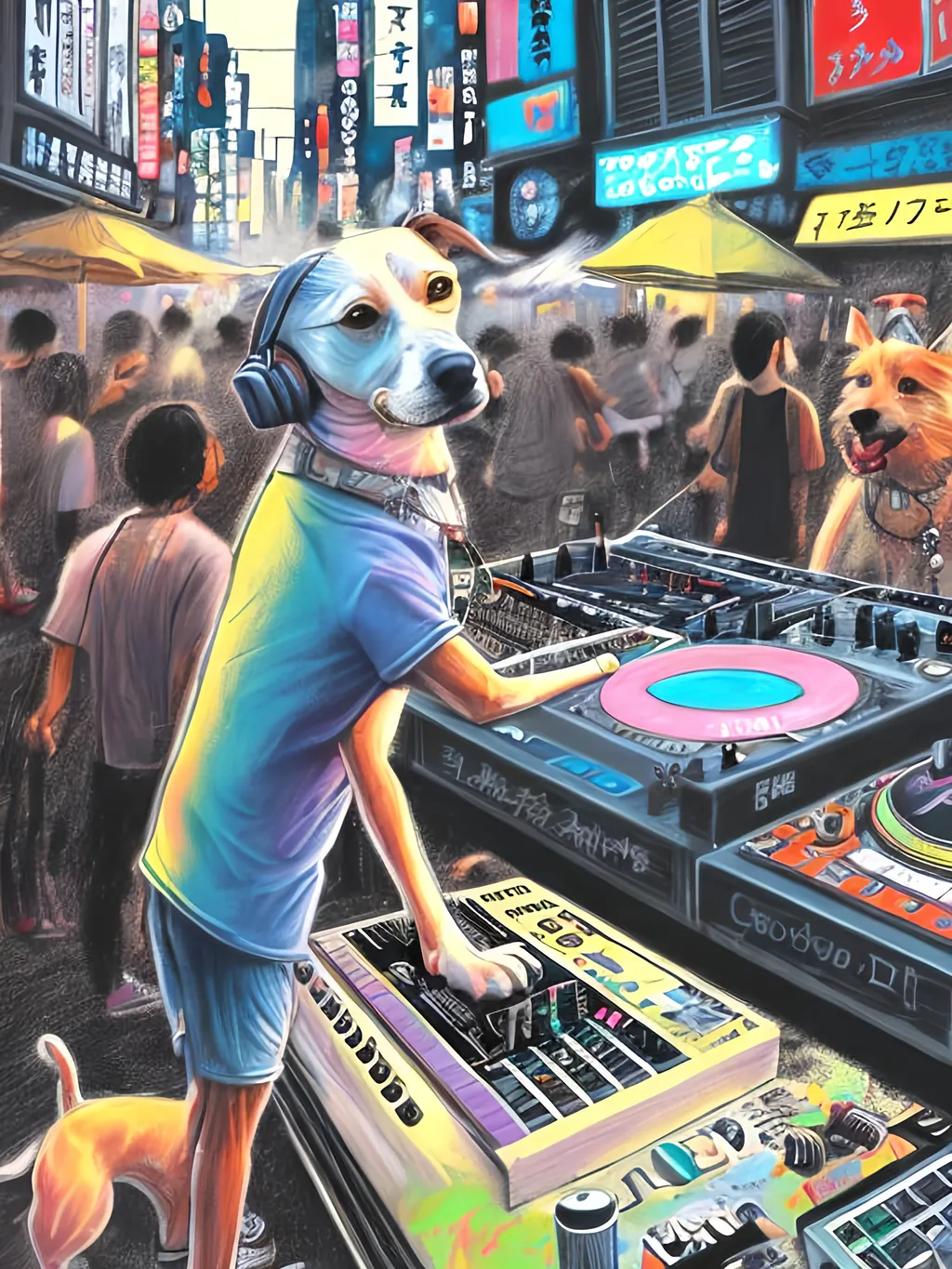 Prompt: chalk pastel art of detailed dog DJing in the streets in Japan during a festival, sketch, detailed background, highres, fun atmosphere, natural lighting,  abstract, fun