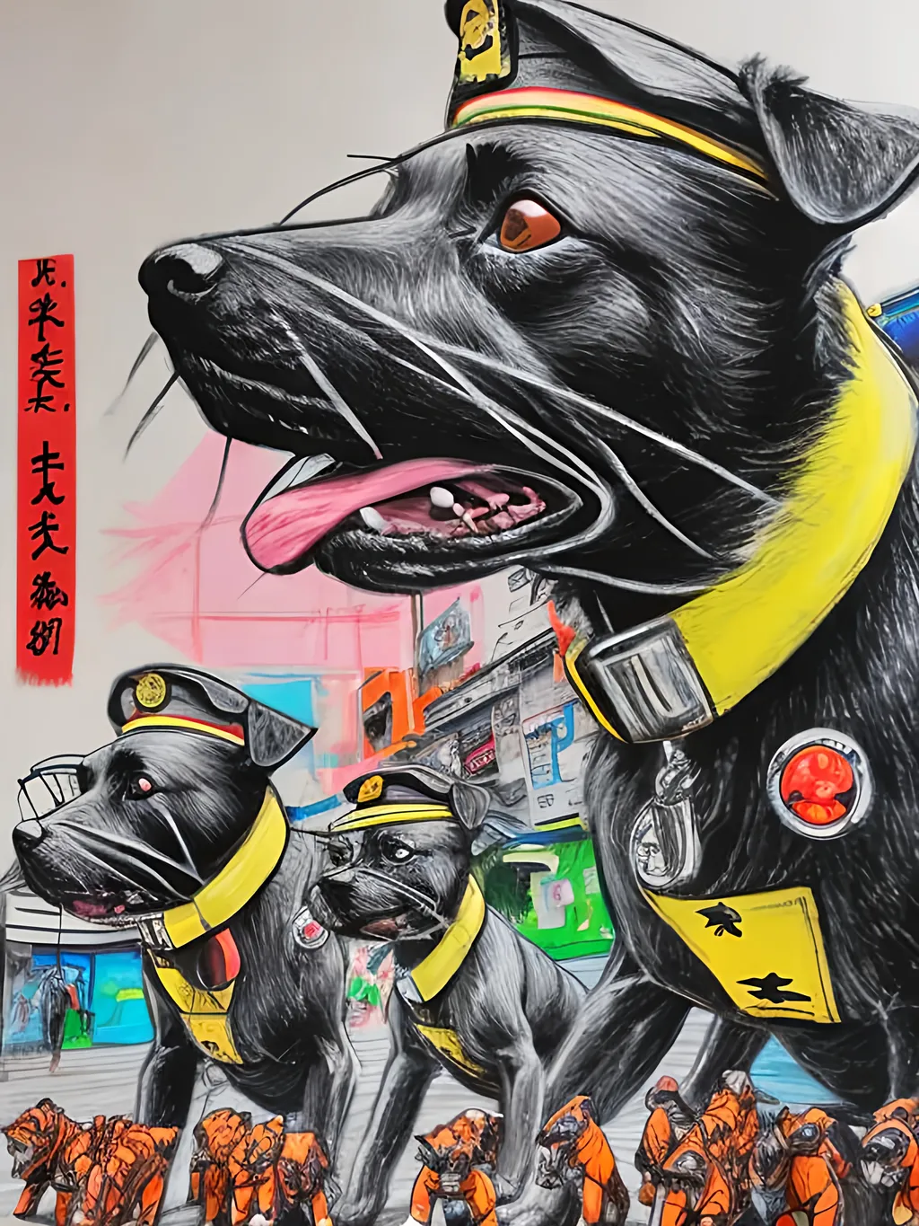 Prompt: pop art chalk pastel art of detailed dogs wearing pilot uniforms playing in the streets in japan during a festival, sketch, detailed background, highres, fun atmosphere, natural lighting,  abstract, fun