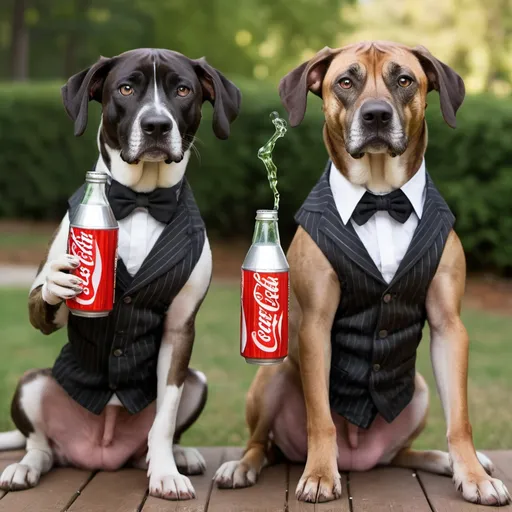 Prompt: black mountain cur dogs dressed like gangster drinking soda