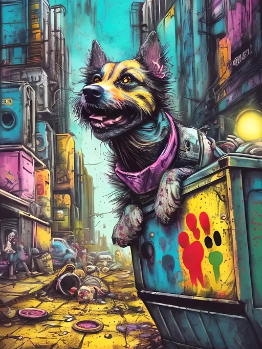 Prompt: Detailed happy dog dumpster diving during a festival, sketch, pop art chalk pastel, detailed post-apocalyptic city background, grunge, highres, abstract, natural lighting, lively atmosphere, fun, detailed dogs, colorful, chaotic, vibrant, happy-go-lucky