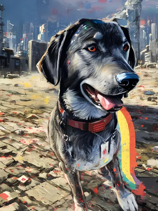 Prompt: a detailed mountain cur black dog wearing usa clothes at a city rally in cyberpunk japan, pop art chalk pastel, detailed background, high res, fun