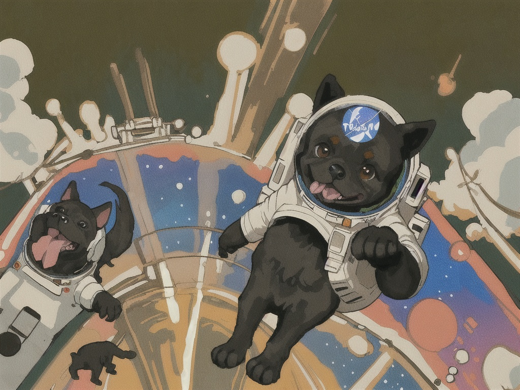 Prompt: abstract style art of black dogs in space in astronaut outfits