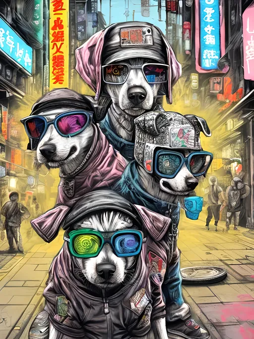 Prompt: pop art chalk pastel art of detailed dogs wearing gangster clothes playing in the streets in cyberpunk japan during a festival, sketch, detailed background, highres, fun atmosphere, natural lighting,  abstract, fun