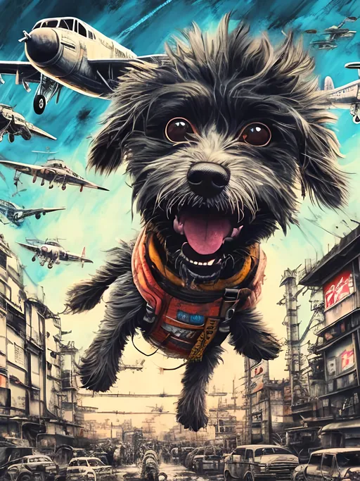 Prompt: Detailed happy dog flying in post-apocalyptic japan during a festival, sketch, chalk pastel, detailed planes in the background, grunge, highres, abstract, natural lighting, lively atmosphere, fun, detailed dogs, vibrant, happy-go-lucky