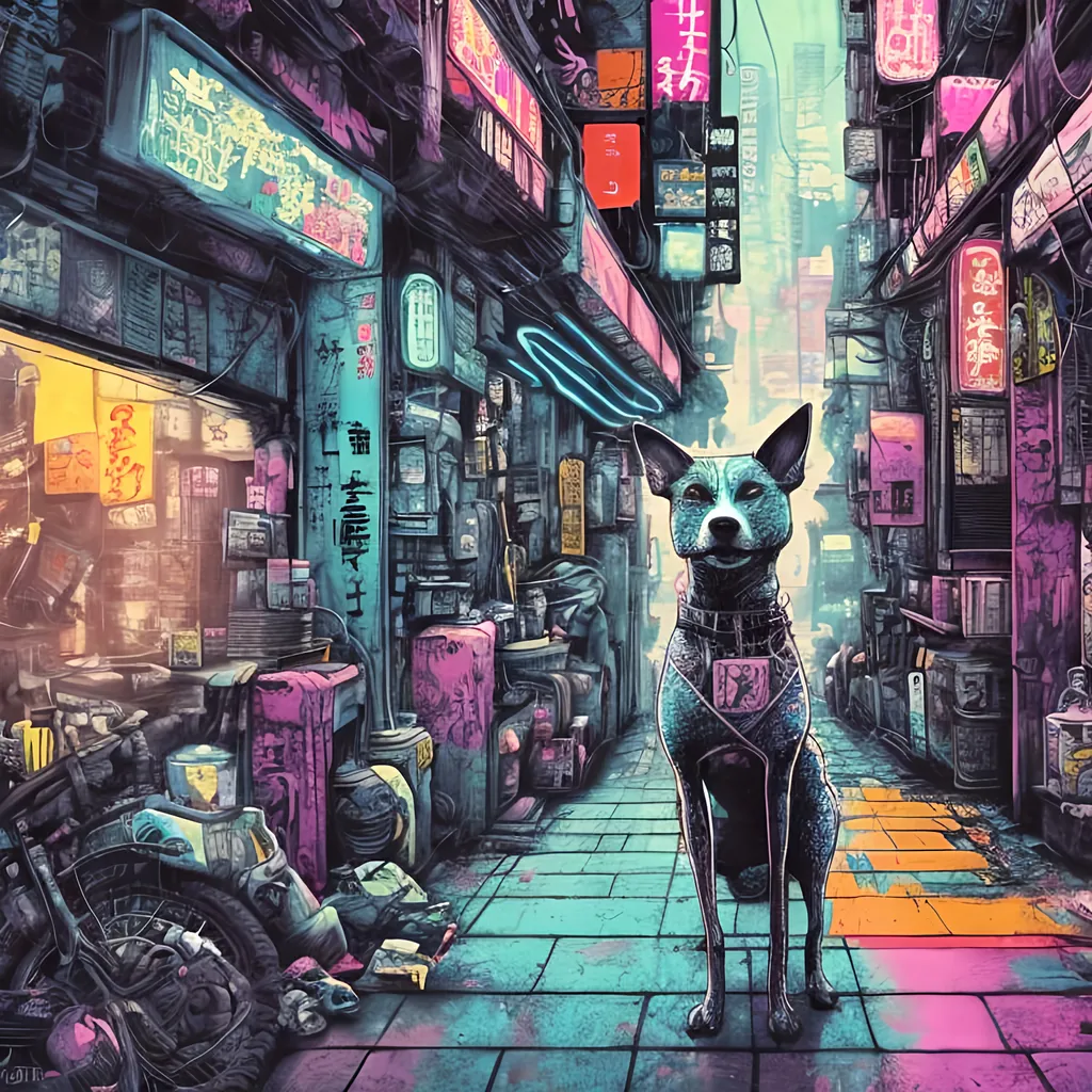 Prompt: pop art chalk pastel, a detailed grunge dog in the streets in cyberpunk japan during a festival, detailed background, natural lighting, highres, fun