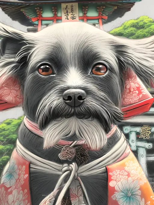 Prompt: chalk pastel style of a  detailed dog in a kimono at a shrine, sketch, detailed background, highres, fun atmosphere, natural lighting,  abstract, fun