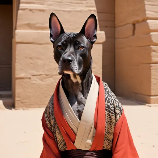 Prompt: black mountain cur dog dressed as yakuza in egypt