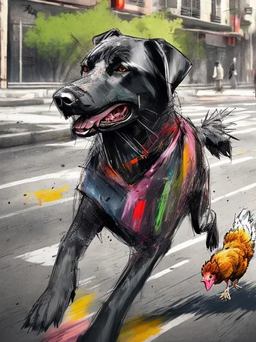 Prompt: a black dog wearing clothes chasing a chicken in the streets, sketch, detailed background, highres, fun atmosphere, natural lighting, pastel colors, abstract