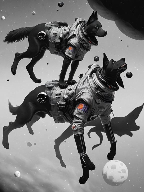 Prompt: Surrealism black dogs in astronaut outfits in space, abstract art style, eerie atmosphere, floating celestial bodies, mysterious nebulae, monochromatic palette, dreamlike, surreal, high contrast, otherworldly, abstract, space, astronaut, eerie atmosphere, celestial bodies, monochromatic, dreamlike, surreal, high contrast, mysterious, nebulae, dogs