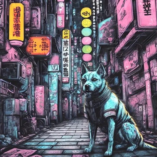 Prompt: pop art chalk pastel, a detailed grunge dog in the streets in cyberpunk japan, detailed background, natural lighting, highres, fun