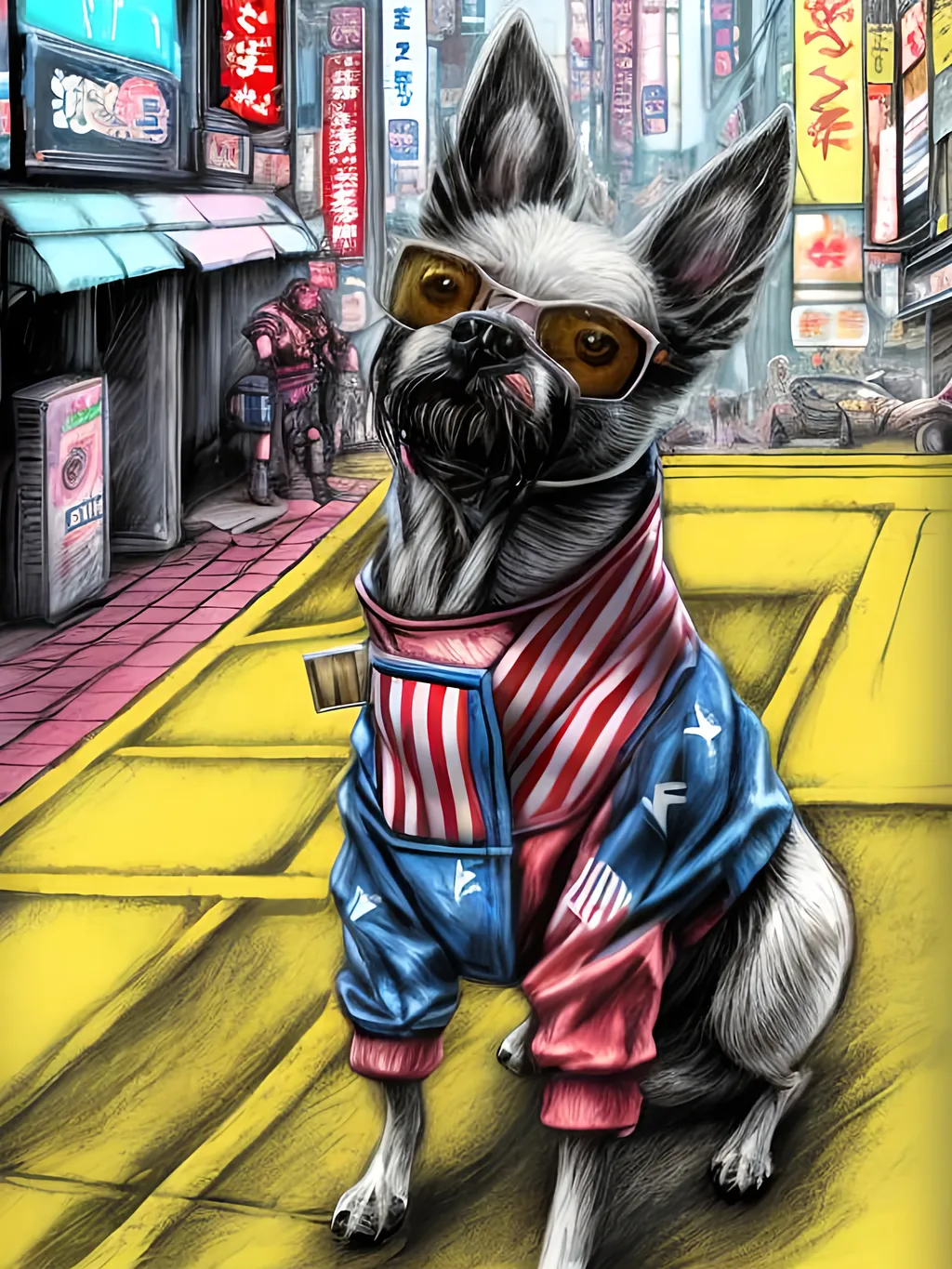 Prompt: pop art chalk pastel art of detailed dog wearing usa clothes playing in the streets in cyberpunk japan during a festival, sketch, detailed background, highres, fun atmosphere, natural lighting,  abstract, fun