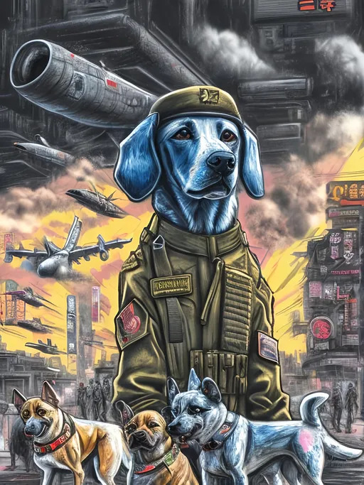 Prompt: pop art chalk pastel art of a detailed dogs wearing military uniforms on the streets in cyberpunk japan during a festival with planes in the background, sketch, detailed background, highres, fun atmosphere, natural lighting,  abstract, fun