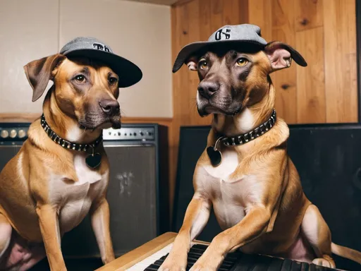 Prompt: black mountain cur dogs rap album dressed as gangsters in recording studio