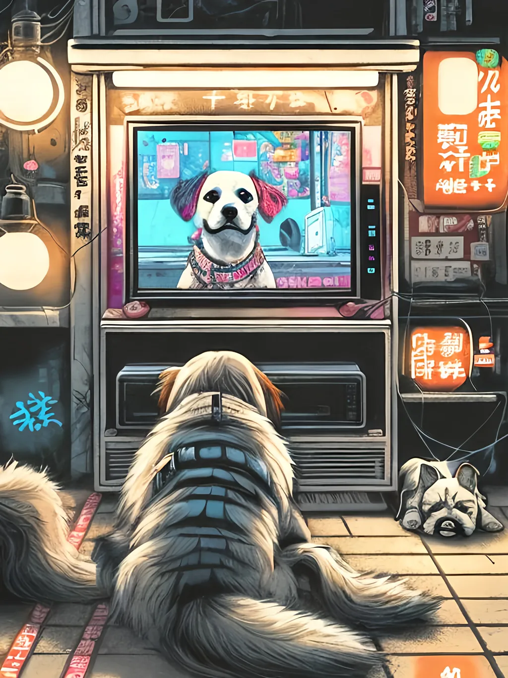 Prompt: pop art chalk pastel art of detailed dog watching tv in the streets in cyberpunk japan during a festival, sketch, detailed background, highres, fun atmosphere, natural lighting,  abstract, fun