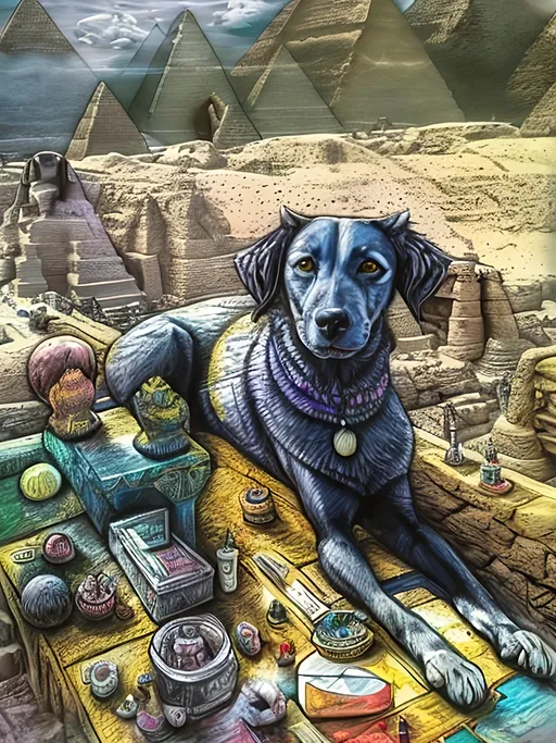 Prompt: pop art chalk pastel art of detailed dog as the sphinx in egypt, sketch, detailed background, highres, fun atmosphere, natural lighting,  abstract, fun