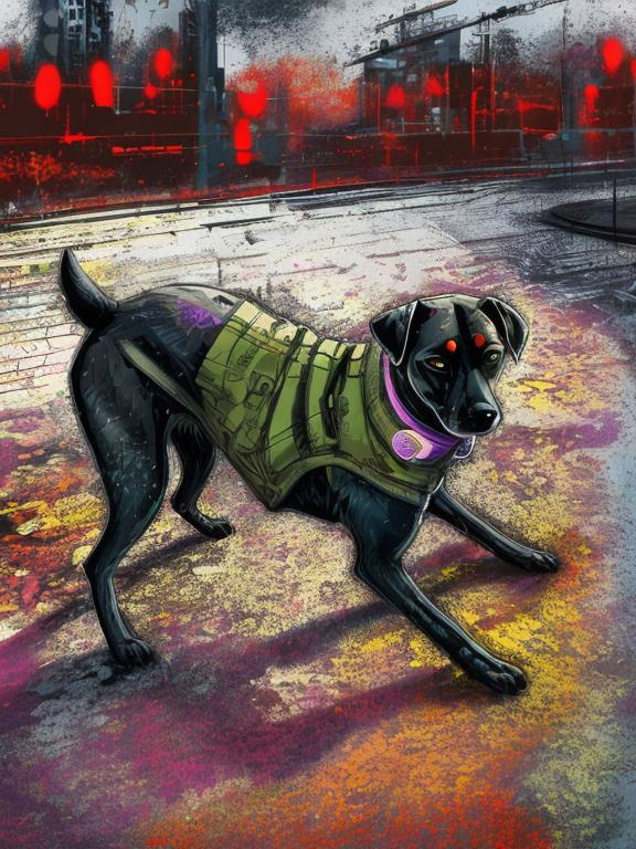 Prompt: Detailed pastel chalk pop art of an all-black mountain cur dog in a school uniform, cyberpunk city background, detailed fur with cool reflections, intense and focused gaze, high-tech collar, highres, pop art, pastel chalk, cyberpunk, detailed eyes, school uniform, detailed background, professional, atmospheric lighting