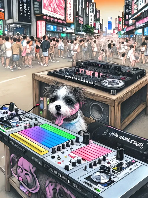 Prompt: chalk pastel art of detailed dog DJing in the streets in Japan during a festival, sketch, detailed background, highres, fun atmosphere, natural lighting,  abstract, fun