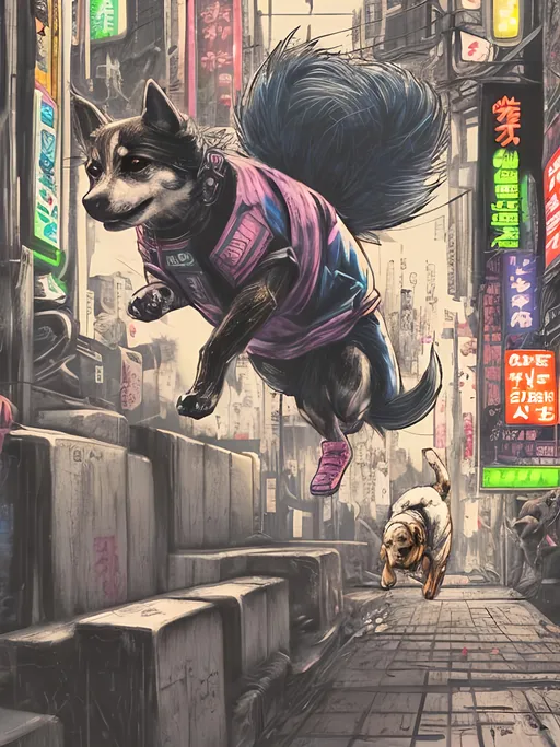 Prompt: pop art chalk pastel art of detailed dog doing parkour in cyberpunk japan during a festival, sketch, detailed background, highres, fun atmosphere, natural lighting,  abstract, fun