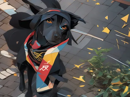 Prompt: black dog wearing ninja clothes having fun in the streets with a battle in the background, dogs, abstract art, Screen print, digital art, 8k resolution trending on Artstation, golden ratio, akira, rule of thirds, geometric bauhaus, Studio Ghibli, Anime Key Visual, by Makoto Shinkai, Deep Color, Intricate, 8k resolution concept art, Natural Lighting, Beautiful Composition