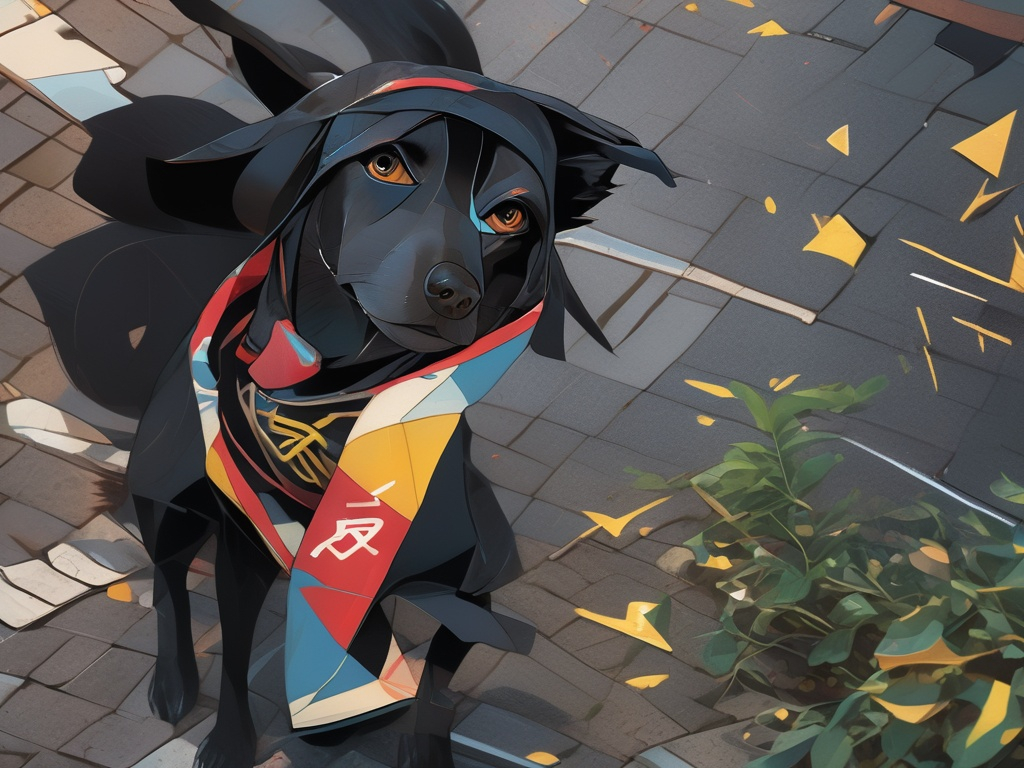 Prompt: black dog wearing ninja clothes having fun in the streets with a battle in the background, dogs, abstract art, Screen print, digital art, 8k resolution trending on Artstation, golden ratio, akira, rule of thirds, geometric bauhaus, Studio Ghibli, Anime Key Visual, by Makoto Shinkai, Deep Color, Intricate, 8k resolution concept art, Natural Lighting, Beautiful Composition