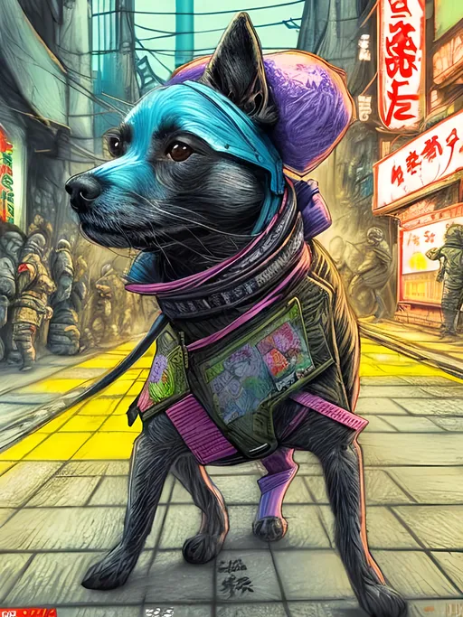 Prompt: pop art chalk pastel art of detailed dog wearing ninja clothes playing in the streets in cyberpunk japan during a festival, sketch, detailed background, highres, fun atmosphere, natural lighting,  abstract, fun