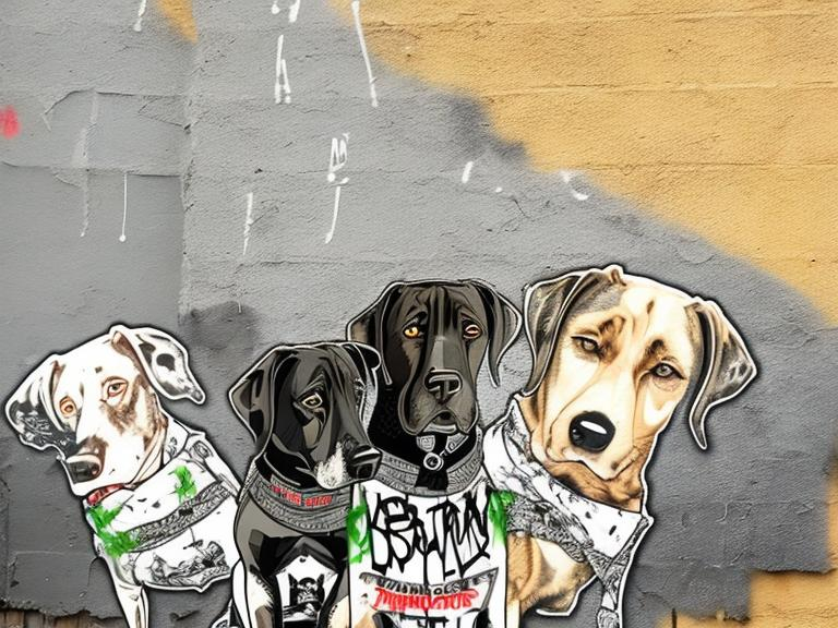 Prompt: mountain cur black dogs in gangster rappers clothing graffiti