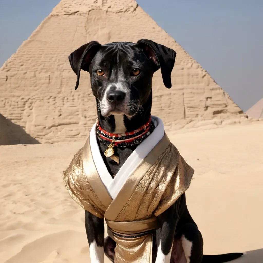 Prompt: black mountain cur dog dressed as yakuza in egypt