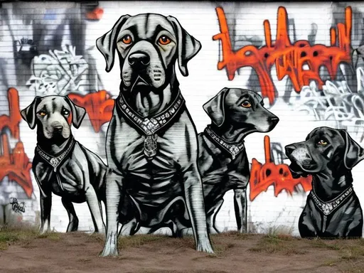 Prompt: mountain cur black dogs in gangster clothing graffiti