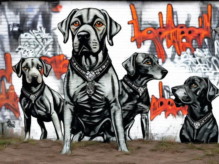 Prompt: mountain cur black dogs in gangster clothing graffiti