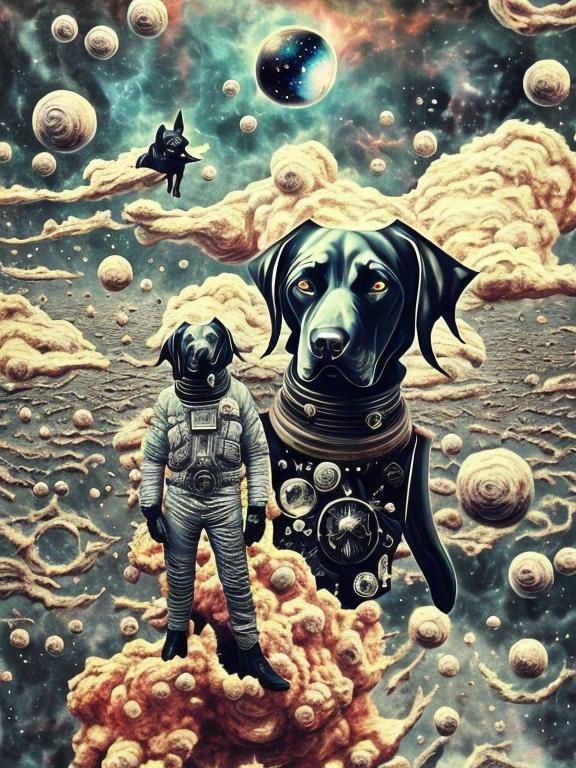 Prompt: Surrealism black dogs in gangster outfits in space, abstract art style, cowboy hat, fun atmosphere, floating celestial bodies, mysterious nebulae, dreamlike, surreal, high contrast, otherworldly, abstract, space, astronaut, fun atmosphere, celestial bodies, dreamlike, surreal, high contrast, mysterious, nebulae, dogs, usa, patriotic, trump