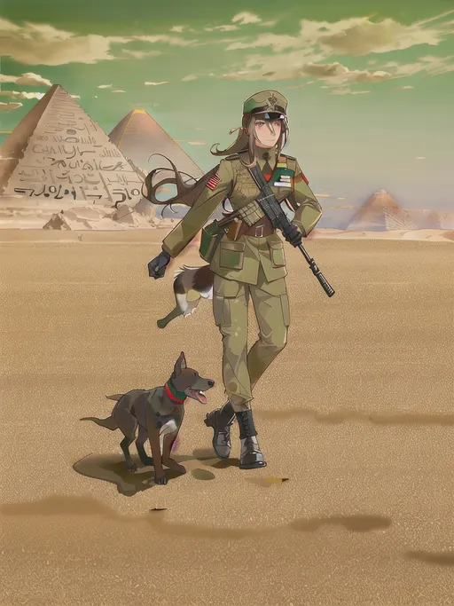 Prompt: black mountain cur dog in military gear in egypt