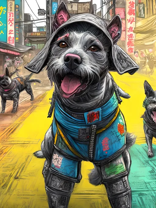 Prompt: pop art chalk pastel art of detailed dogs wearing ninja clothes playing in the streets in cyberpunk japan during a festival, sketch, detailed background, highres, fun atmosphere, natural lighting,  abstract, fun