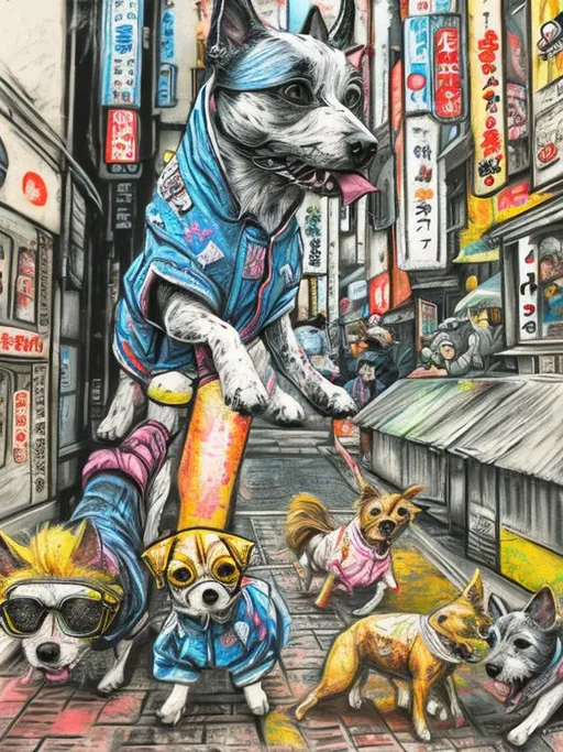 Prompt: pop art chalk pastel art of detailed dogs wearing clothes playing in the streets in japan during a festival, sketch, detailed background, highres, fun atmosphere, natural lighting,  abstract, fun