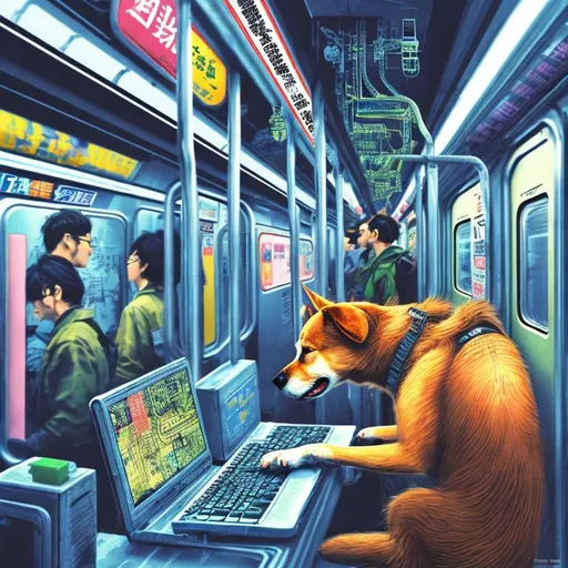 Prompt: pop art chalk pastel art of a detailed dog hacking a computer on the subway train in cyberpunk japan with planes in the background, sketch, detailed background, highres, fun atmosphere, natural lighting,  abstract, fun