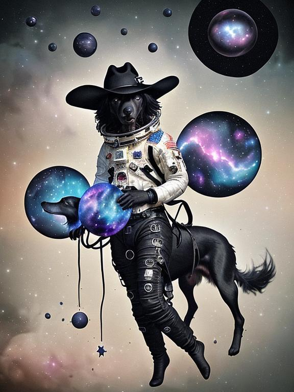 Prompt: Surrealism black dogs in cowboy outfits in space, abstract art style, cowboy hat, eerie atmosphere, floating celestial bodies, mysterious nebulae, dreamlike, surreal, high contrast, otherworldly, abstract, space, astronaut, eerie atmosphere, celestial bodies, dreamlike, surreal, high contrast, mysterious, nebulae, dogs