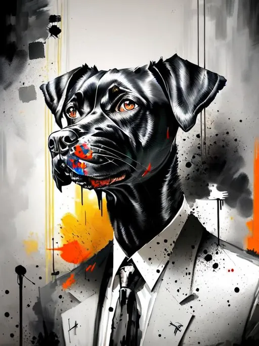 Prompt: surreal, Abstract art of a black dogs in gangster clothes, graffiti, streets, patriotic, detailed, atmospheric lighting, battle in the background, highres, abstract, gangster, detailed clothing, patriotic theme, streets, atmospheric lighting, dogs