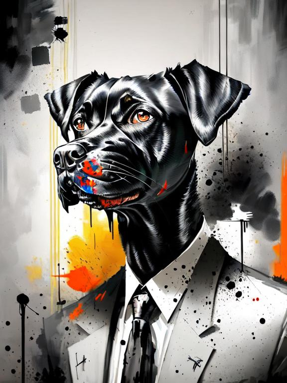 Prompt: surreal, Abstract art of a black dogs in gangster clothes, graffiti, streets, patriotic, detailed, atmospheric lighting, battle in the background, highres, abstract, gangster, detailed clothing, patriotic theme, streets, atmospheric lighting, dogs