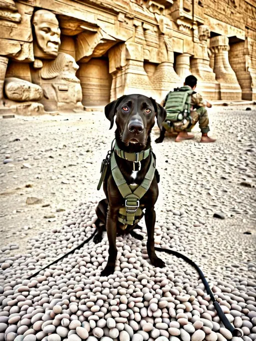 Prompt: black mountain cur dog in military gear in egypt poster