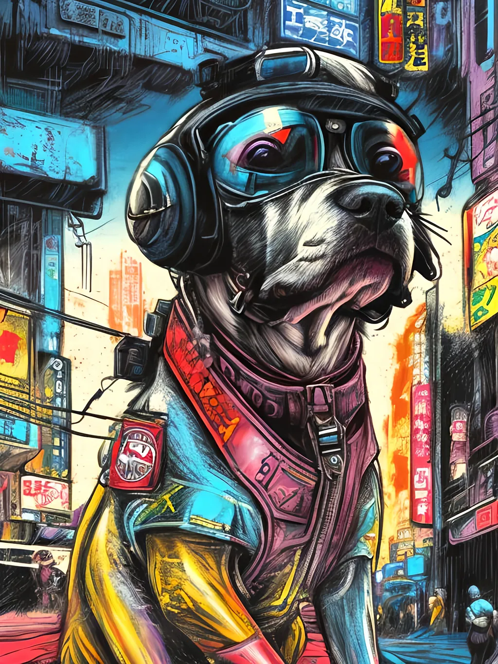 Prompt: pop art chalk pastel art of a detailed dog wearing a pilot uniform playing in the streets in cyberpunk japan during a festival, sketch, detailed background, highres, fun atmosphere, natural lighting,  abstract, fun